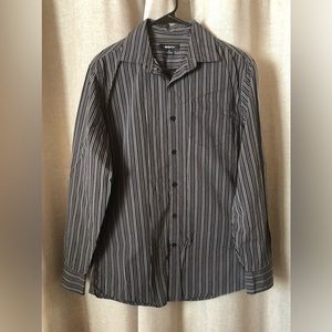 Claiborne•Men’s button down shirt•size medium•grey & black stripe•100% cotton